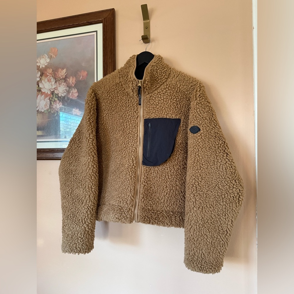 Tan Sherpa Utility Jacket with Black Contrast Pocket